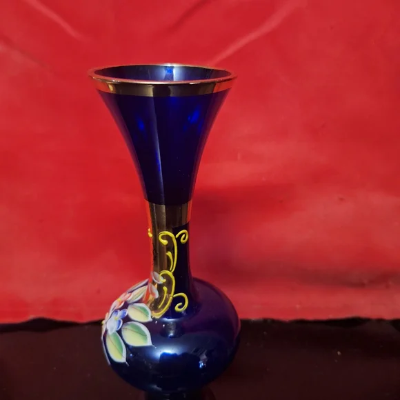 Vintage Bohemian Cobalt Blue Bud Vase – Hand-Painted Gold & Floral – 8" - Picture 4 of 11